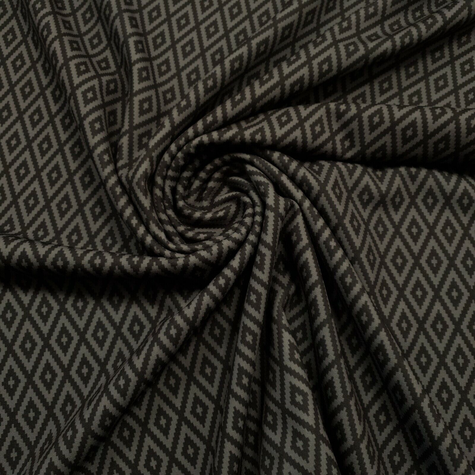 Black Grey Diamond Check Printed Scuba Crepe Jersey Fabric 4 Way Stretch - T9 Fabrics